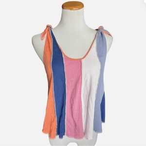 Free People Blue and Pink Asymmetrical Tie Front Tank Top